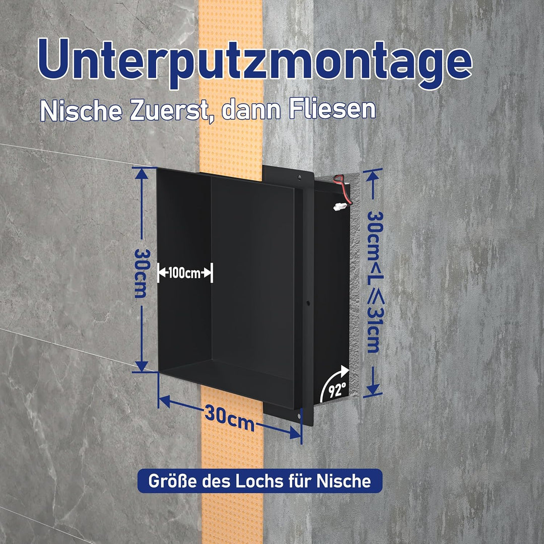 Wandnische Dusche Edelstahl, wasserdichte Nische mit LED-Licht, Eingebettete Duschnische 30x30x10cm,