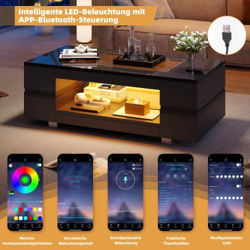 Merax Moderner Couchtisch mit LED-App-Steuerung, 100x50x35cm, Wohnzimmertisch & Beistelltisch Couch,