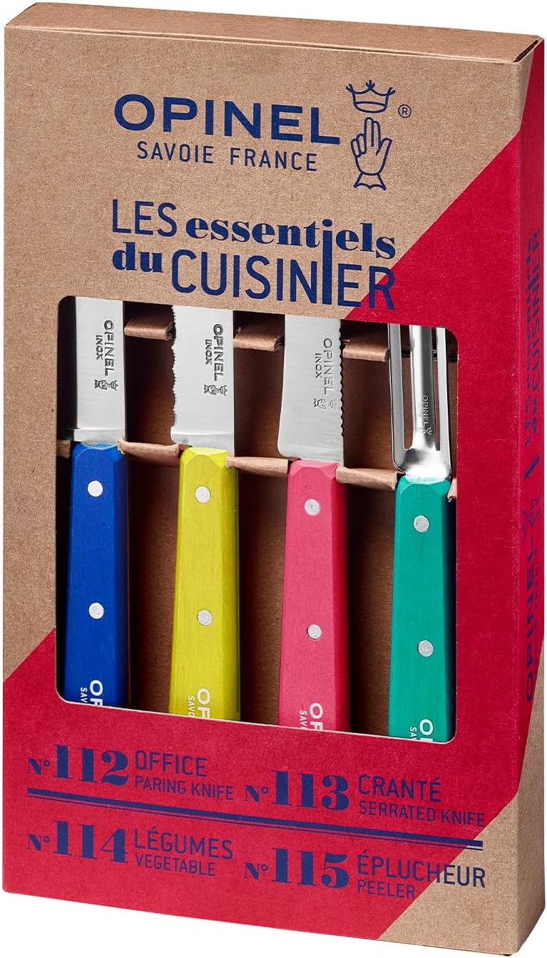 OPINEL Les Essentials Kleines Küchenmesser-Set, 4-teilig, Schälmesser, Wellenschäler, Gemüsemesser,