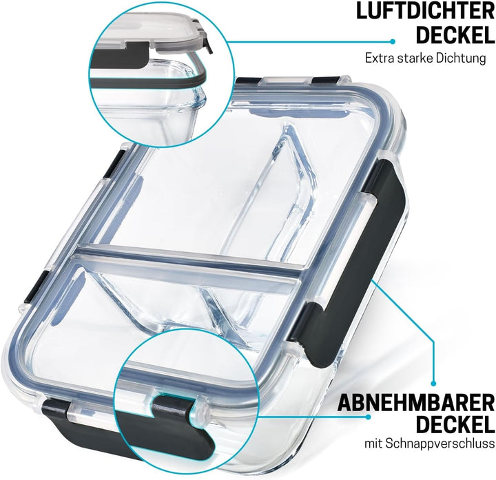 Meal Prep Container aus Glas mit 3 Fächern und Transparentem Deckel - Luftdicht Verschliessbare Fris