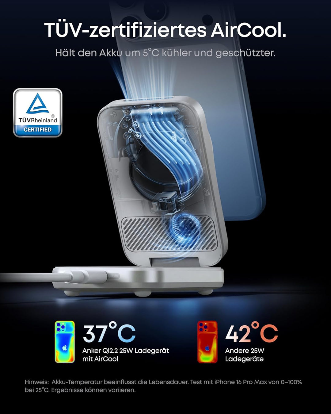 Anker Prime 3-in-1 Ladestation, AirCool kabelloses Ladegerät, 25W Qi2.2-Zertifiziert, kompakt & falt