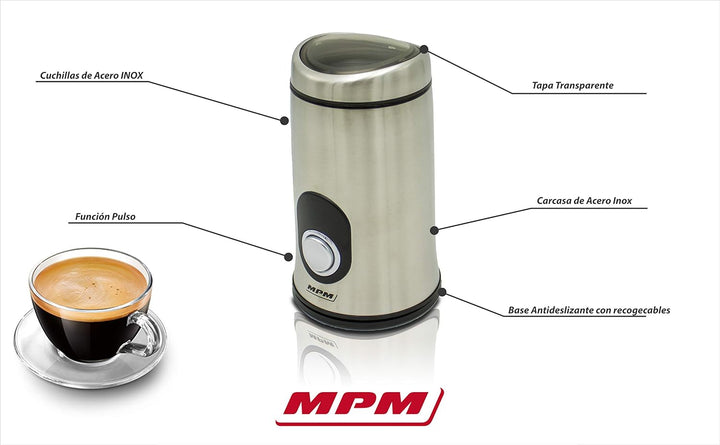 MPM - MMK-02M - Kaffeemühle - zum Mahlen von Kaffeebohnen - 50 g Behälter - 115 g/Min. - Edelstahl-S