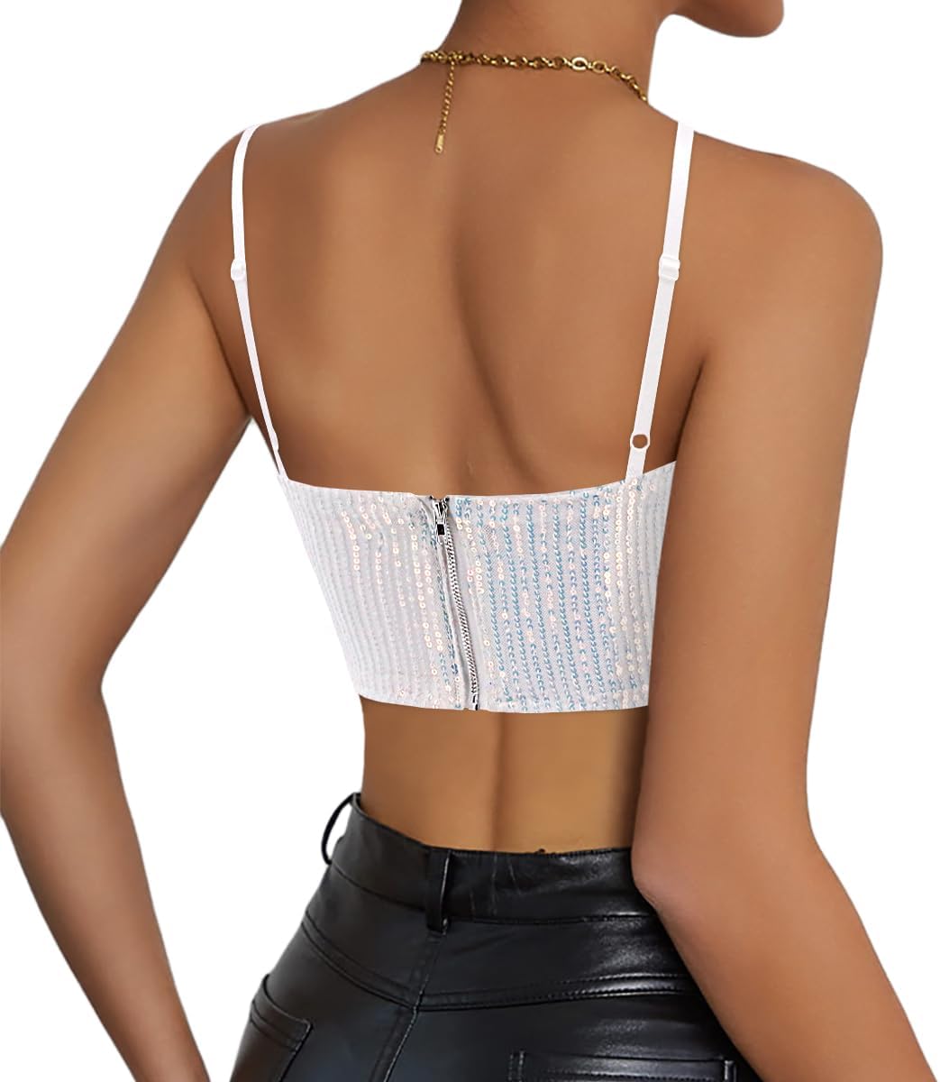 Naimo Damen Glitzer Pailletten Crop Top Ärmellos V-Ausschnitt Tank Tops Weste Sparkle Camisole Bluse