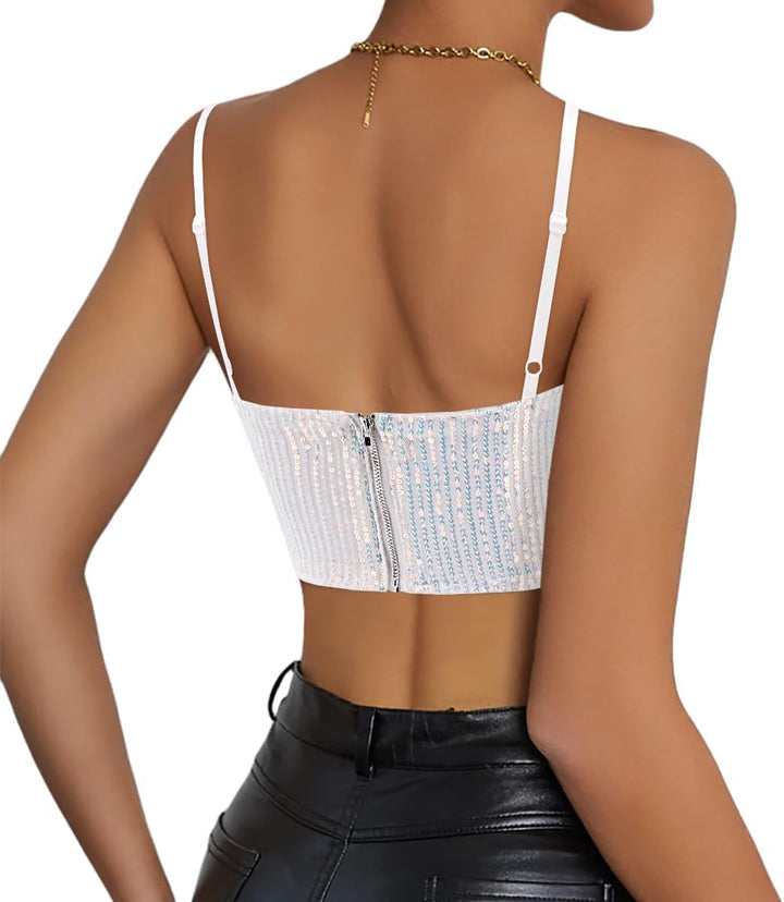 Naimo Damen Glitzer Pailletten Crop Top Ärmellos V-Ausschnitt Tank Tops Weste Sparkle Camisole Bluse