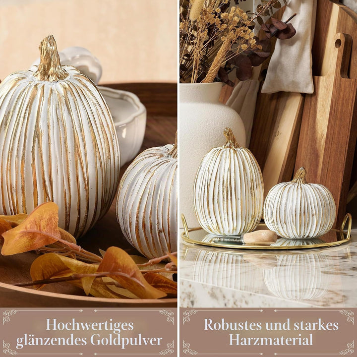 DN DECONATION 2er Set Deko Kürbisse – Geschnitzte Kürbisdeko aus Kunstharz Weiss & Gold – Herbstdeko