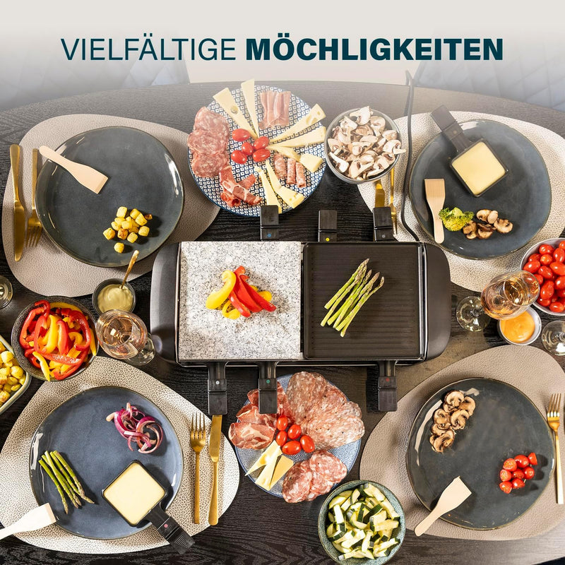 Princess Raclette Grill/ Steingrill für bis zu 8 Personen – mit 8 Pfännchen und regelbarem Thermosta