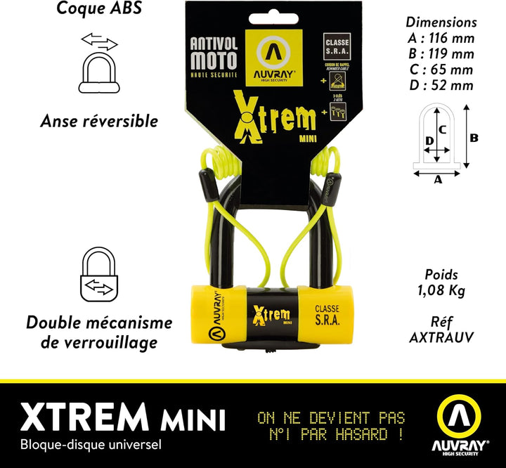 AUVRAY Scheibenschloss für Diebstahlsicherung, Xtrem Mini SRA 16 mm 3 Schlüssel + Schnur