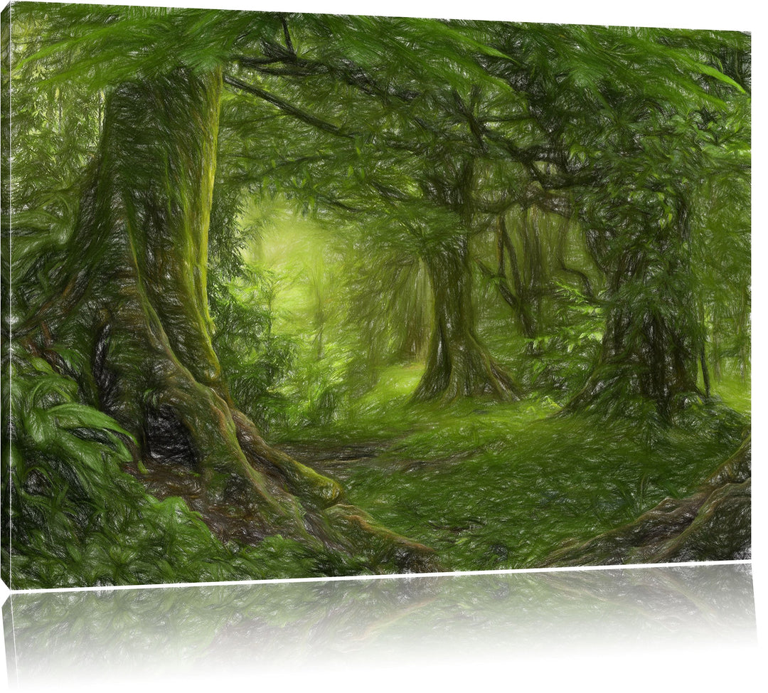 Pixxprint Dschungel im tropischen Regenwald Kunst Buntstift Effekt, Grösse: 60x40cm, Leinwandbild, f