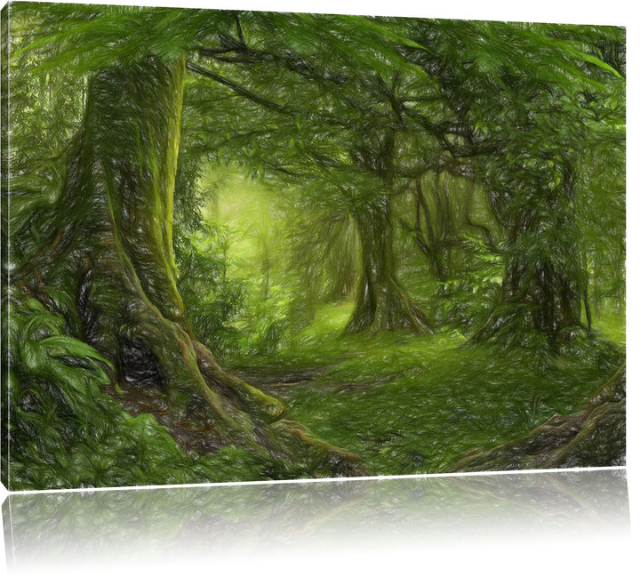 Pixxprint Dschungel im tropischen Regenwald Kunst Buntstift Effekt, Grösse: 60x40cm, Leinwandbild, f