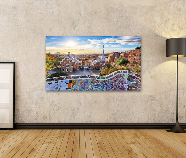 islandburner Bild auf Leinwand Barcelona Park Guell Spanien Sonne Bilder Wandbilder Poster 80L x 40B
