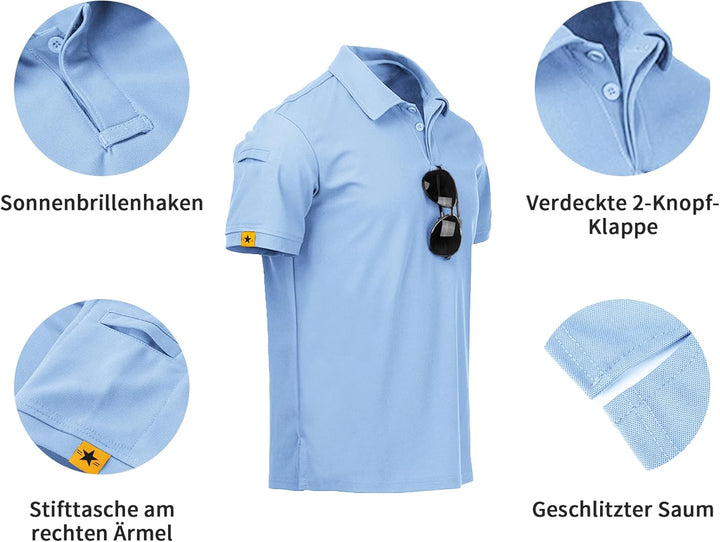 geeksport Poloshirt Herren Golf Kurzarm Freizeit Sport Polo Tennis Tshirts mit Brillenhalter Knopfle