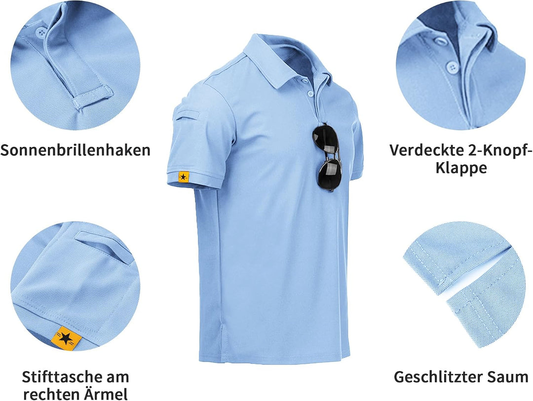 geeksport Poloshirt Herren Golf Kurzarm Freizeit Sport Polo Tennis Tshirts mit Brillenhalter Knopfle