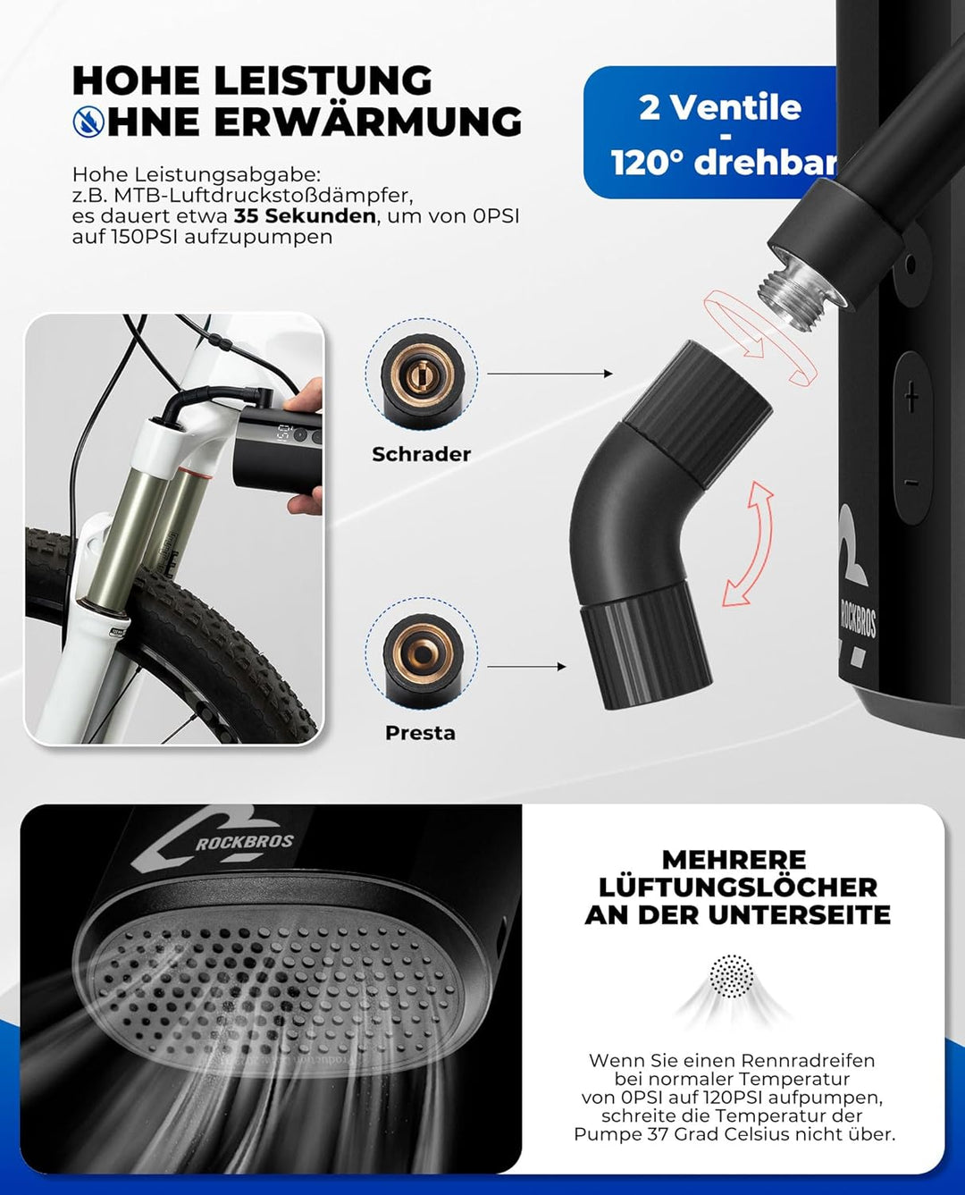 ROCKBROS Fahrradpumpe Mini Elektrische Akku Luftpumpe 5000mAh, 150PSI mit LCD-Bildschirm LED Druckse