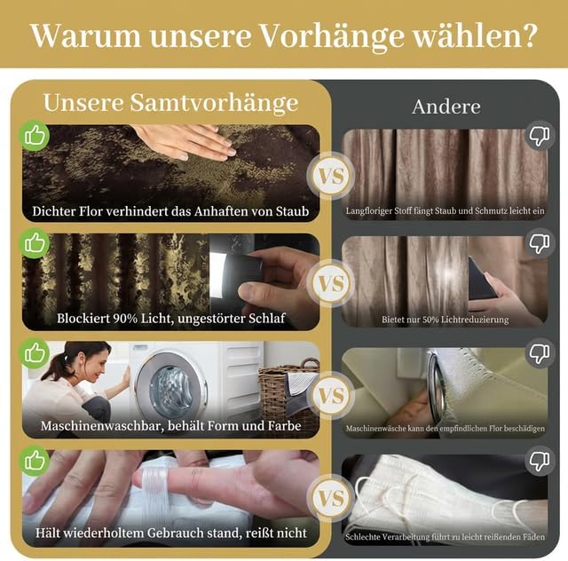 Rosnek Samt Vorhang Blickdicht 2er Set,Gardinen Kräuselband mit Heissprägen Muster,Thermogardine Ver
