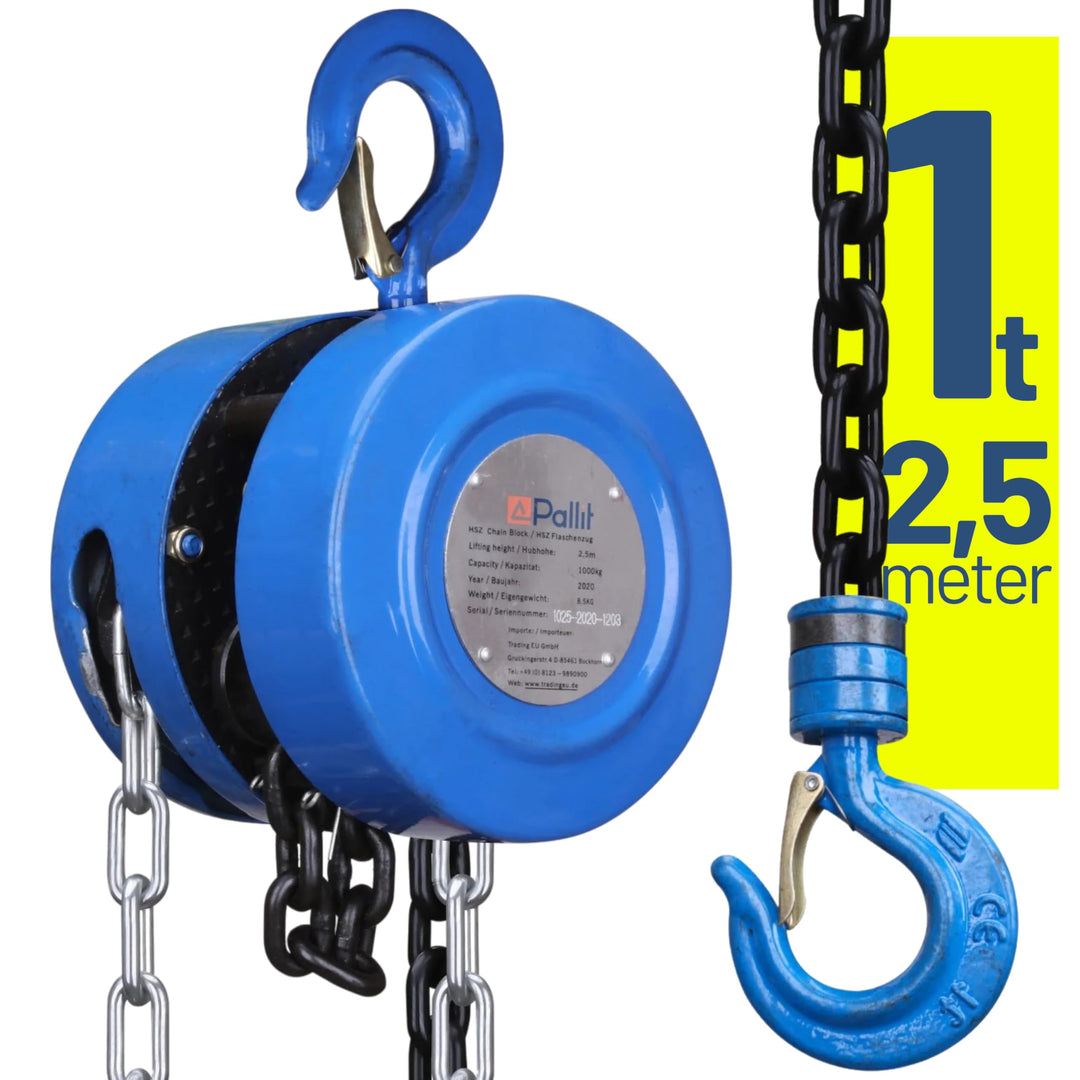 Pallit Kettenzug Flaschenzug 1000 kg Tragkraft mit 2,5 m langer Stahlkette Robuster Seilzug mit 360°