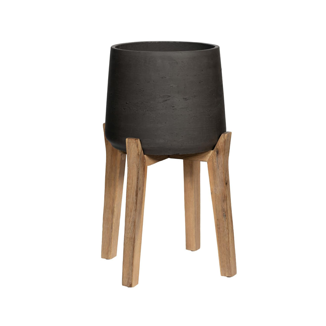 Finestgreen Patt Feet High | Handgefertigtes Pflanzgefäss auf Holzfüssen (XXL Ø:43,5 H:65 cm, Schwar