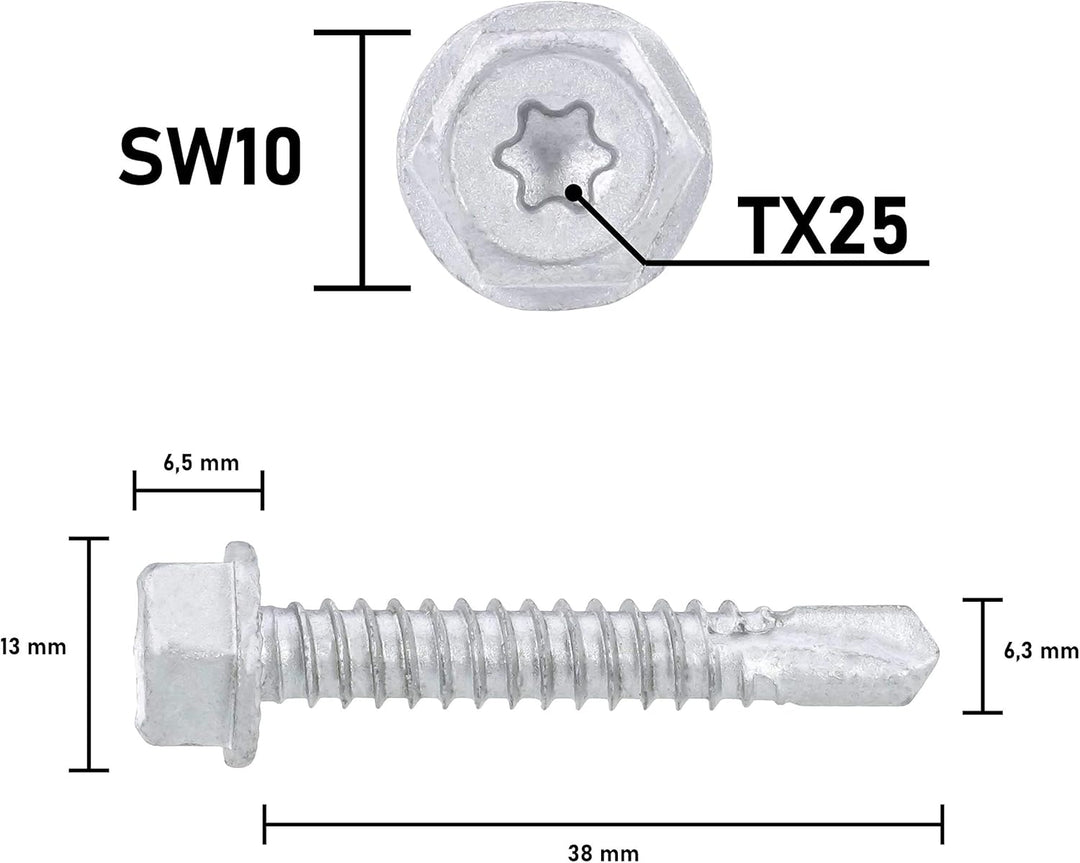 Sechskant-Bohrschraube SW10 + TX25, Zinklammellenbeschichtung, Unterkopf-Sperrverzahnung, 6.3x38 mm,