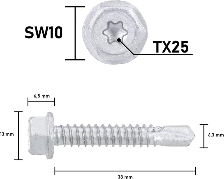 Sechskant-Bohrschraube SW10 + TX25, Zinklammellenbeschichtung, Unterkopf-Sperrverzahnung, 6.3x38 mm,