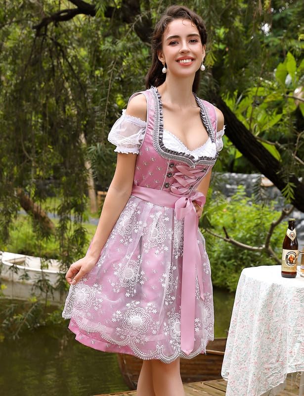 Clearlove Dirndl Damen Midi Trachtenkleid 3tlg mit Schürze und Bluse Trachtenmode Kleid für Oktoberf