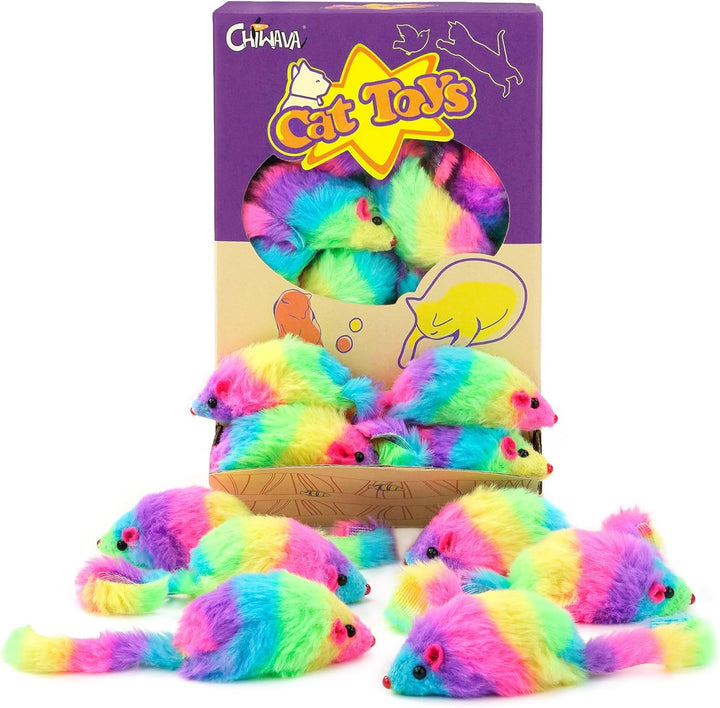 Chiwava 24 STK. 7,5cm Regenbogenfarbene pelzige Katzenspielzeug mäuse mit Rassel Kätzchen Maus Inter