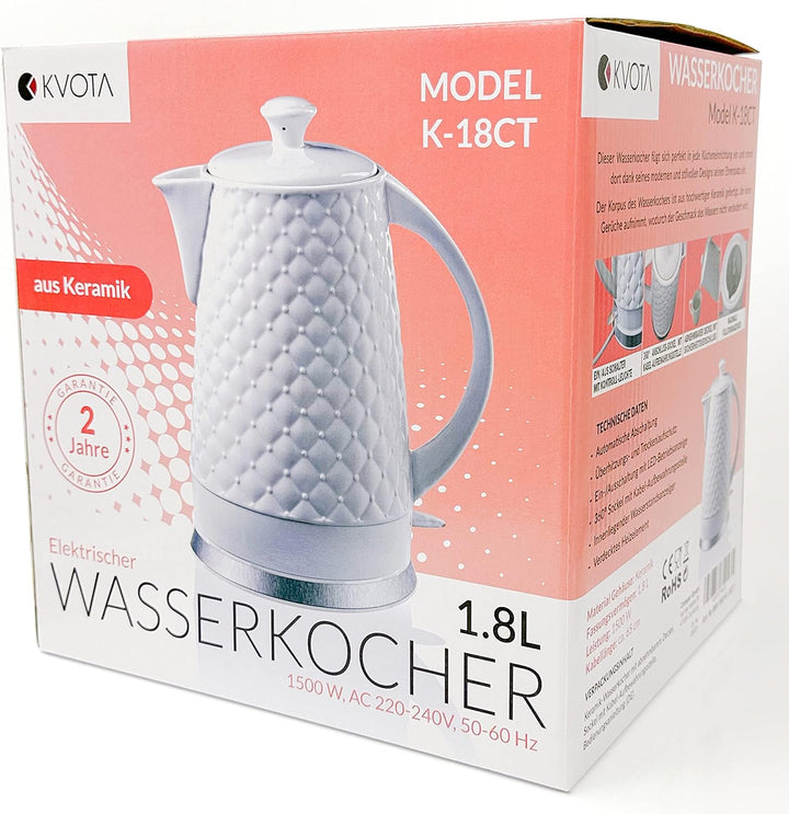 KVOTA Elektrischer Keramik Wasserkocher, Teekessel 1,8 L, 1500-1600W, Gesteppt-Design, weiss, abnehm