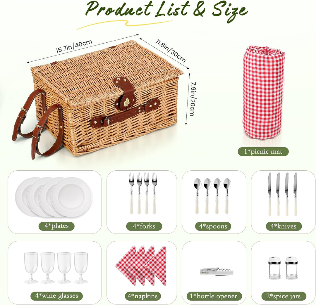 Weidenkorb für 4 Personen, Vintage Picknickkorb Set, mit Kühlfach, Wasserdichter Decke, Tellern, Glä