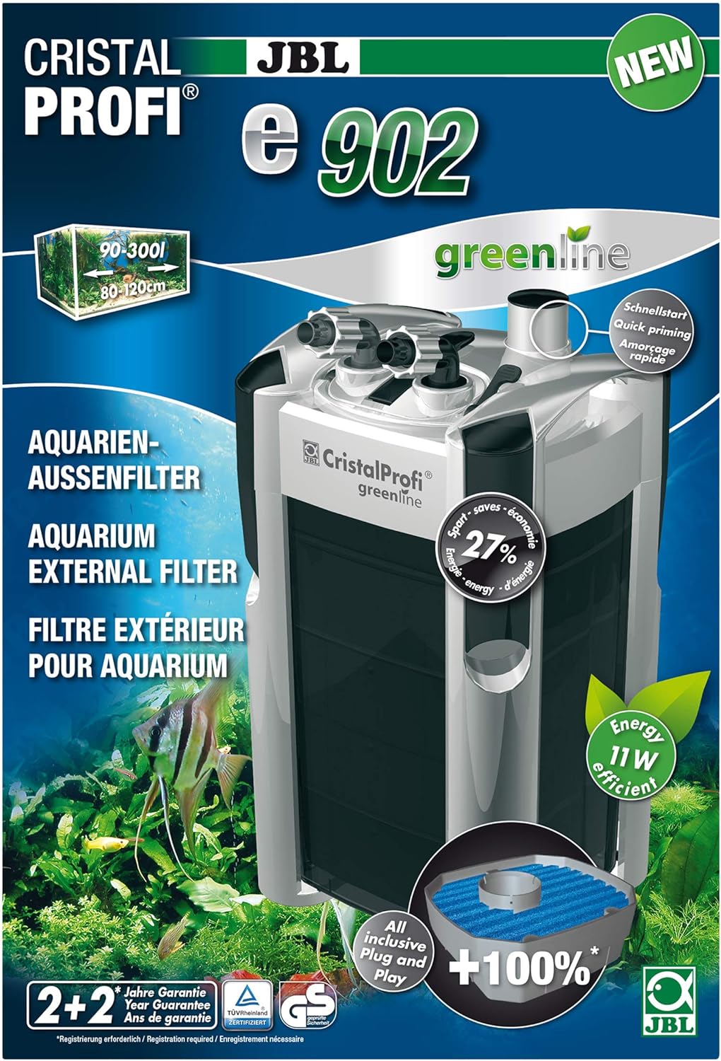 JBL CristalProfi e902 greenline Aussenfilter für Aquarien 90-300 Litern Single, 90-300 Litern Single