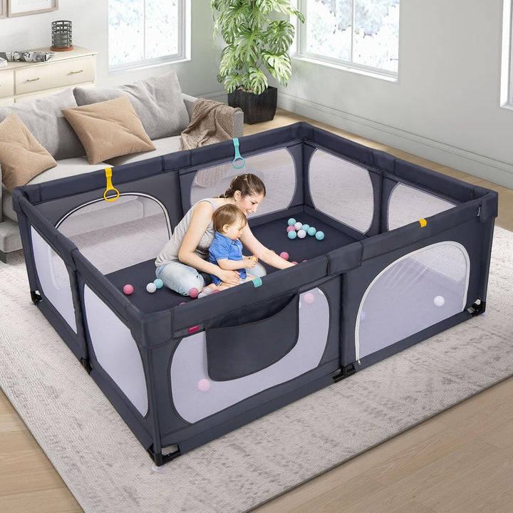 DREAMADE Laufstall Baby, 189 x 158 cm Laufgitter mit 4 Zugringen & 50 Ocean Bällen & Tragetasche, Gr