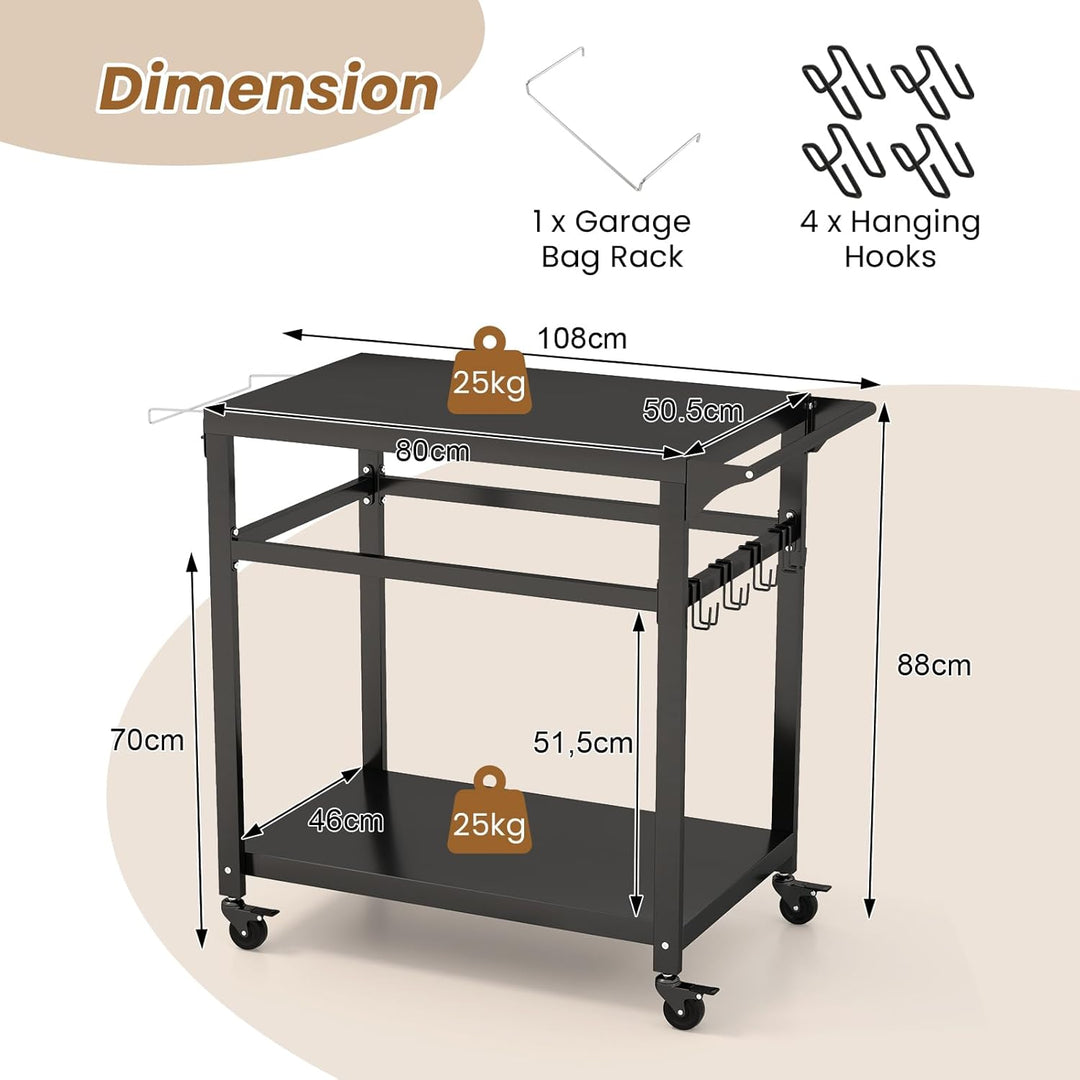 KOMFOTTEU Servierwagen Grillwagen Metall, Garten Rollwagen mit Arbeitstisch, 2 Ablagen & Haken, Gril