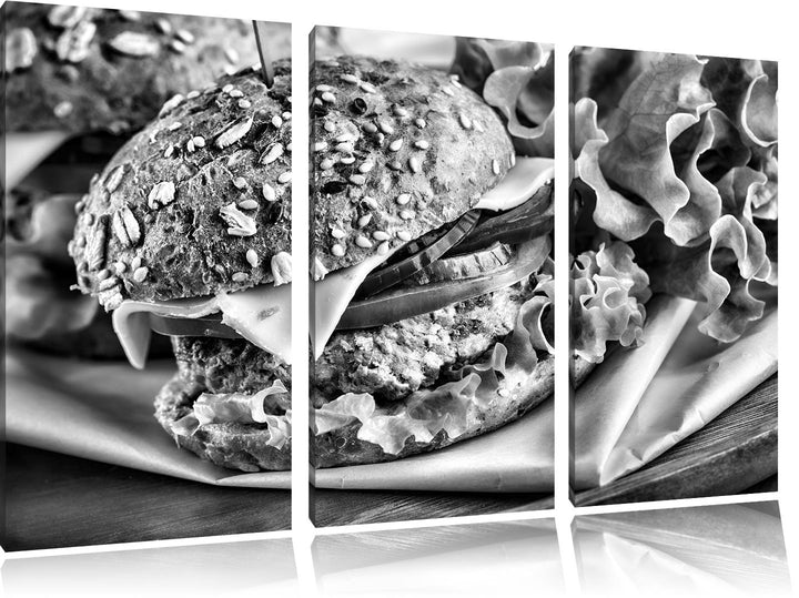 Pixxprint Monocrome, Köstlicher Hamburger 3-Teiler Leinwandbild 120x80 Bild auf Leinwand