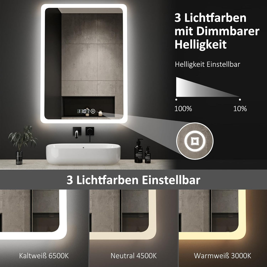 Boromal Badspiegel mit Uhr Badspiegel 50x70cm Badezimmerspiegel mit Beleuchtung 6500K Kaltweiss LED