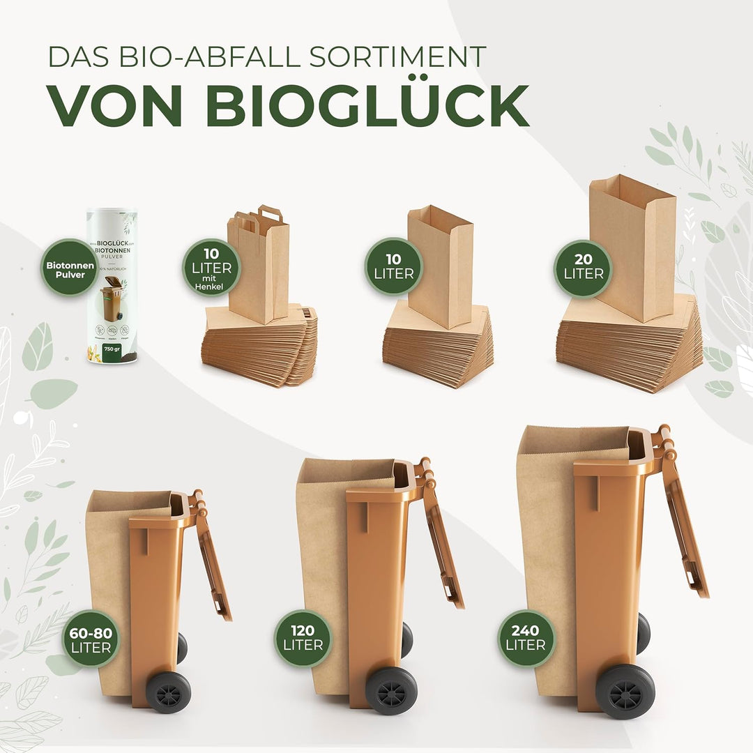 BIOGLÜCK® - 60 &amp; 80 Liter Biomüllsäcke für die Biotonne [25 Stück] / Extra nass- &amp; reissfestes Papie