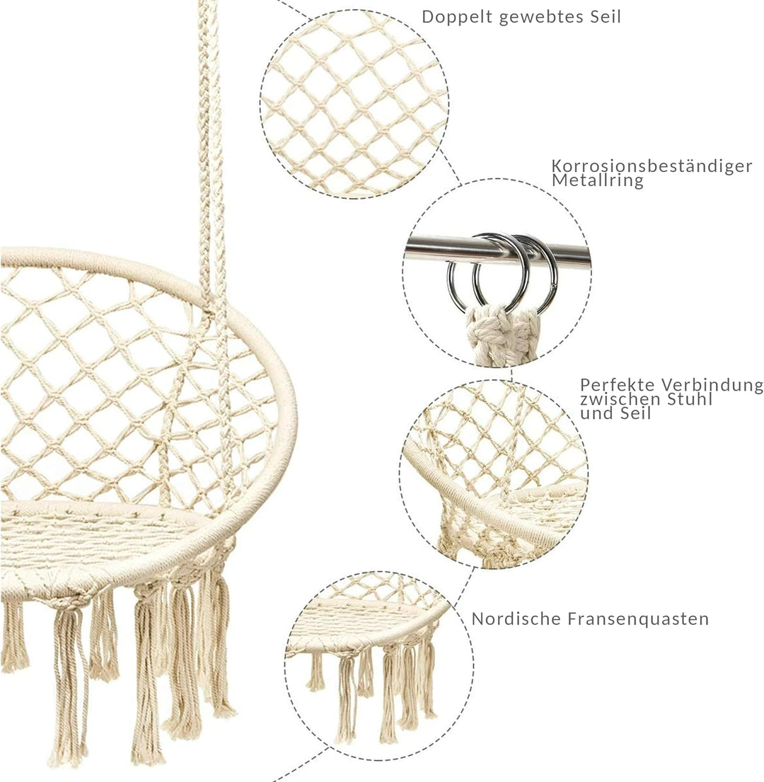 Hängesessel Hängestuhl Outdoor Indoor Garten Hängeschaukel Boho Creme Beige, Beige