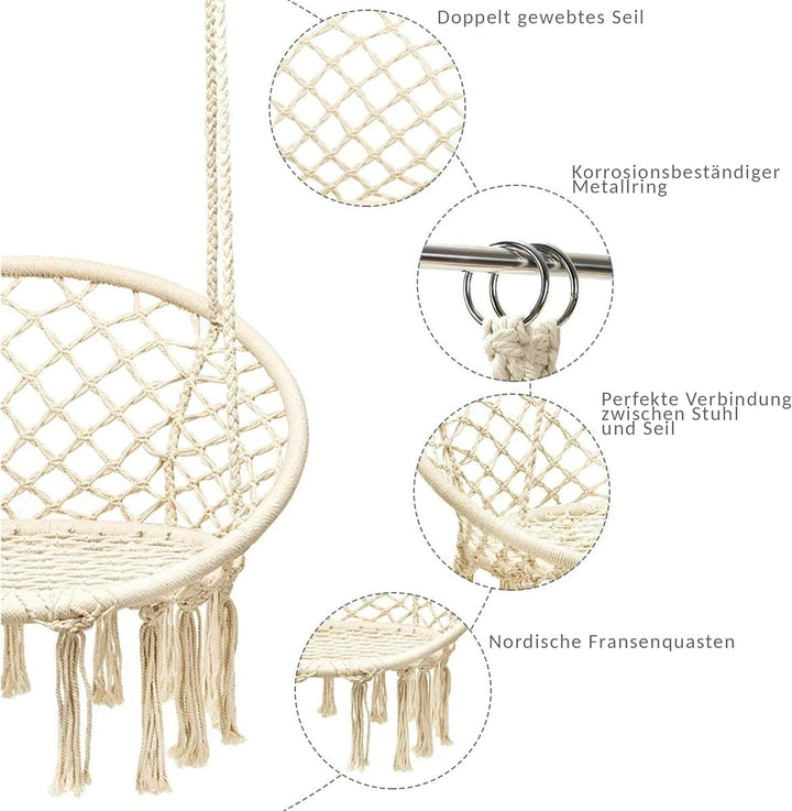 Hängesessel Hängestuhl Outdoor Indoor Garten Hängeschaukel Boho Grau, Grau