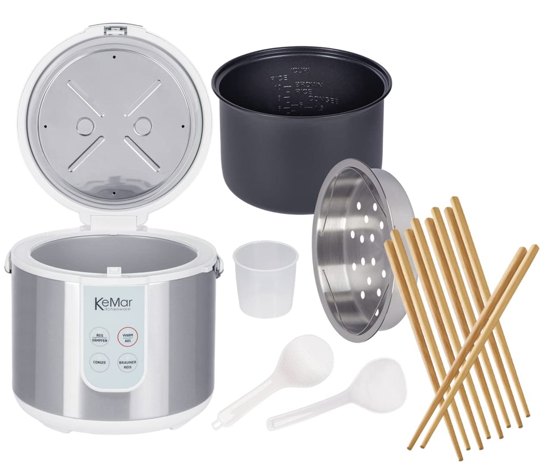 KeMar Reiskocher +GRATIS Essstäbchen (700W, 1,8l, Edelstahl) Brauner Reis, Naturreis - Keramik Besch