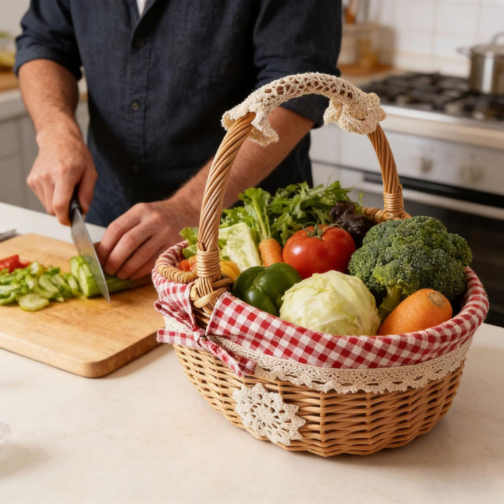 Outdoor-Picknickkorb, Weidenkorb, Picknickkorb, mit Deckel und Griff, Dekoration, Auskleidung, Garte