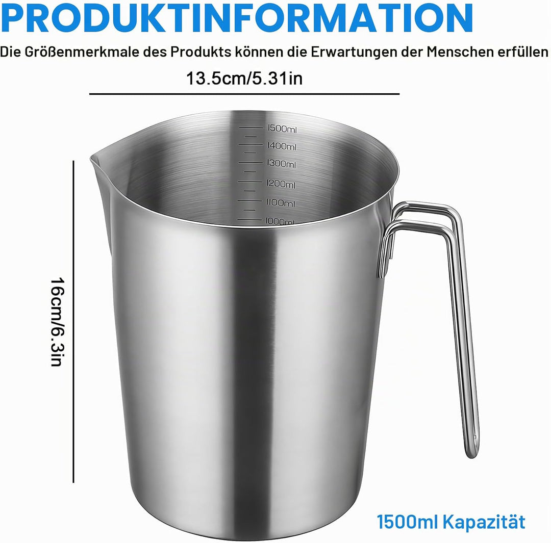 Messbecher Edelstahl 1500 ML, Milchkännchen Messkanne Mit Masseinheiten &amp; Griff, Edelstahlmessbecher
