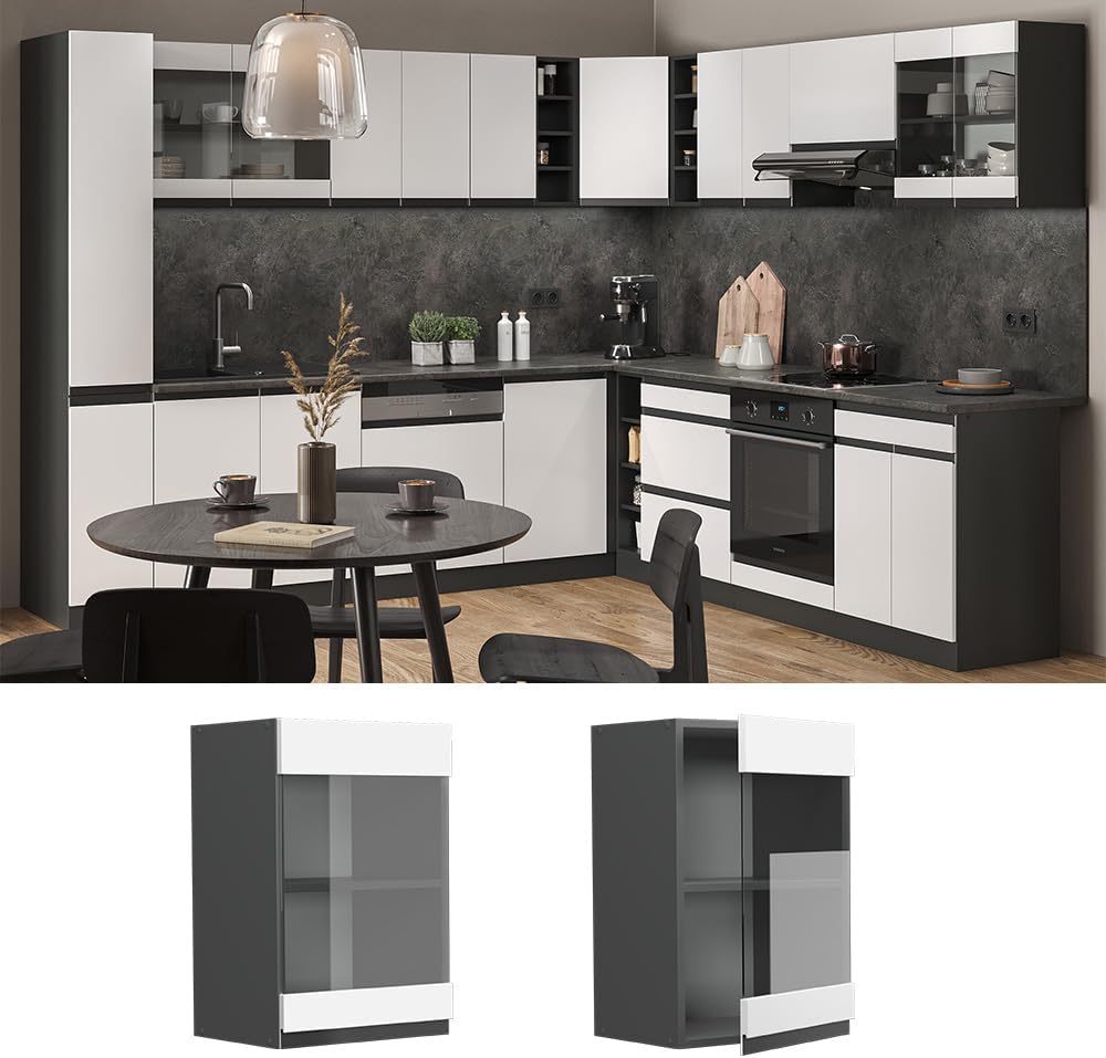 Vicco Küchenschrank Glas R-Line, Weiss/Anthrazit, 40 cm J-Shape Weiss Hängeglasschrank 40 cm, Weiss