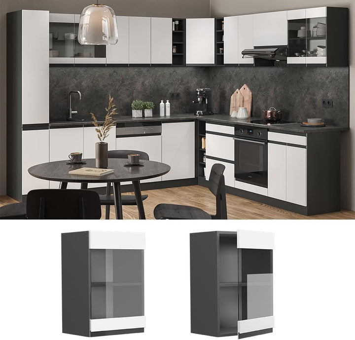 Vicco Küchenschrank Glas R-Line, Weiss/Anthrazit, 40 cm J-Shape Weiss Hängeglasschrank 40 cm, Weiss
