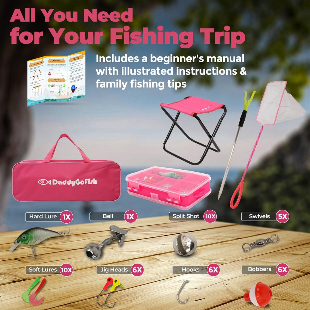 DaddyGoFish Kinder Angelset - Teleskoprute &amp; Rolle Combo mit Klappstuhl, Rutenhalter, Tackle Box, Kö