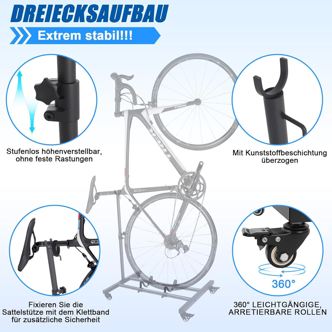 Vertikaler Fahrradständer – Freistehender Fahrradhalter mit Rollen, Höhenverstellbar, Belastbar bis