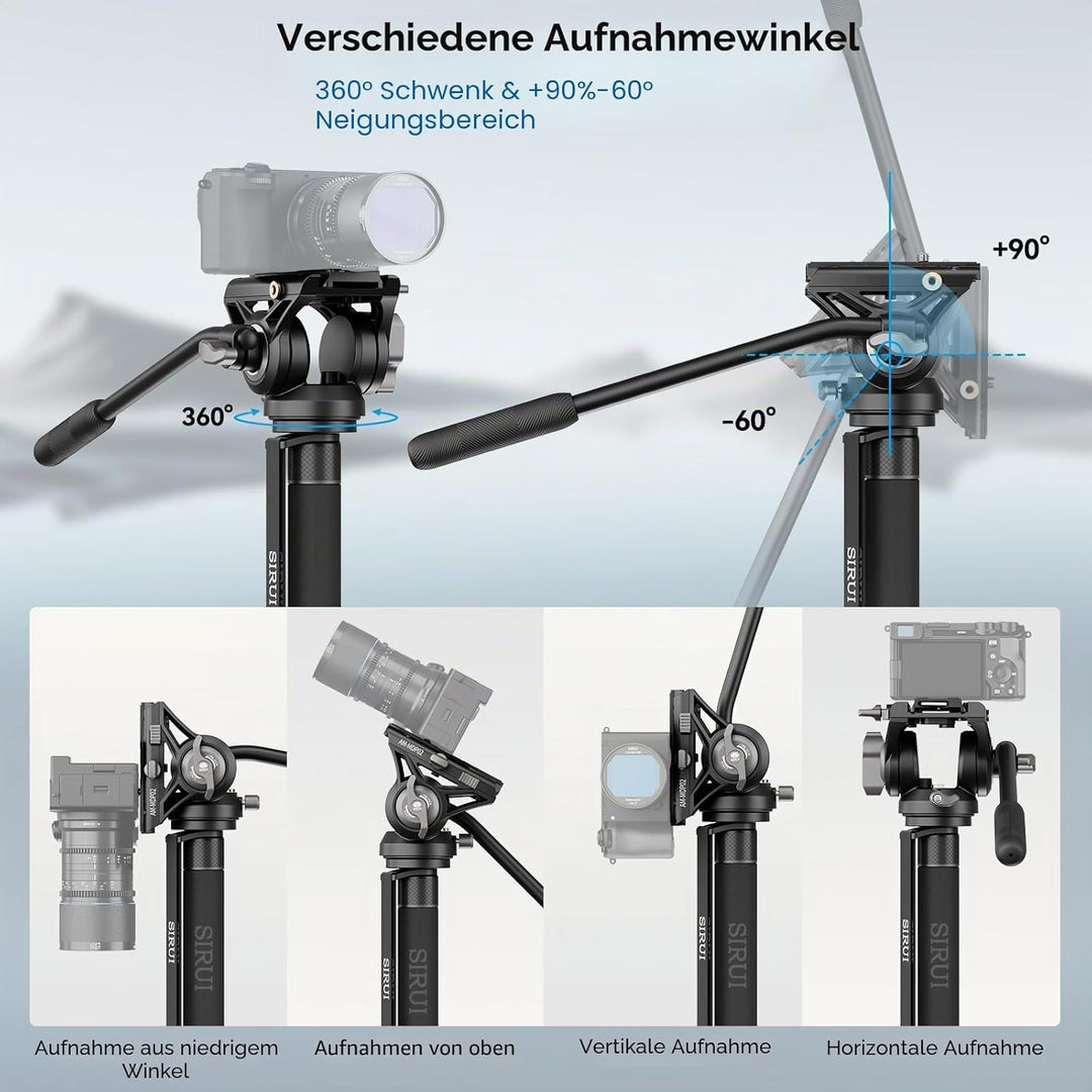 SIRUI AM-MDP02 Video Monopod mit Fluidkopf | 188cm Aluminium Einbeinstativ für DSLR & spiegellose Ka