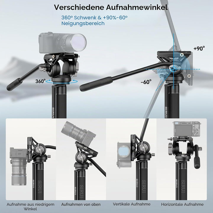 SIRUI AM-MDP02 Video Monopod mit Fluidkopf | 188cm Aluminium Einbeinstativ für DSLR & spiegellose Ka