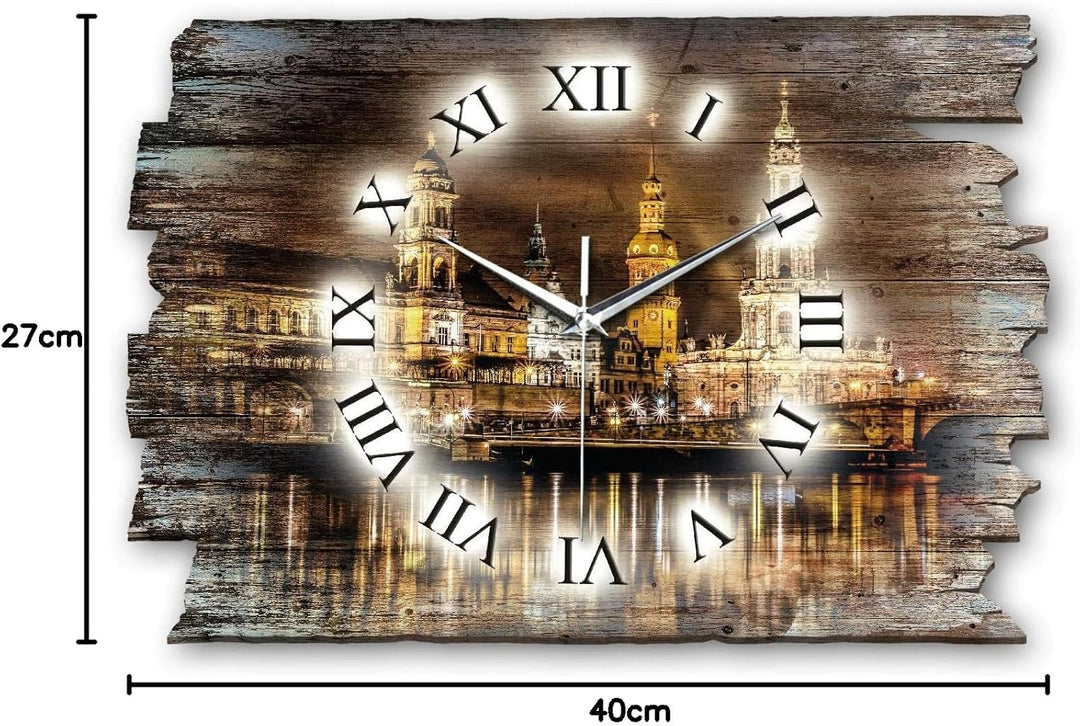 Kreative Feder Dresden bei Nacht Landhaus Shabby Designer Wanduhr Quarzuhr aus Holz *Made in Germany
