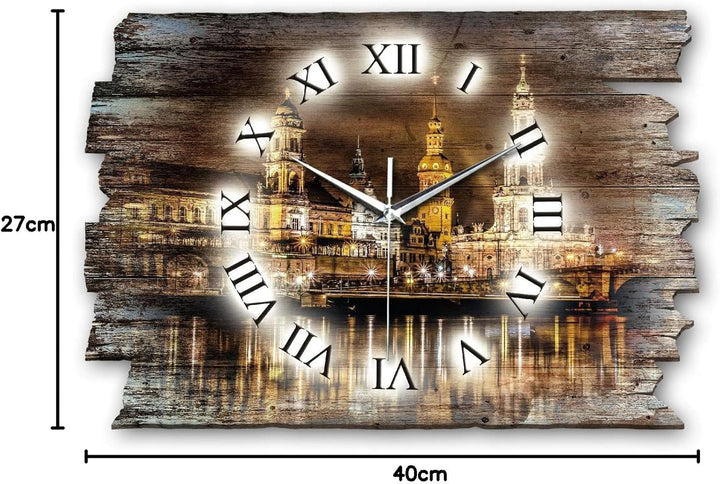 Kreative Feder Dresden bei Nacht Landhaus Shabby Designer Wanduhr Quarzuhr aus Holz *Made in Germany