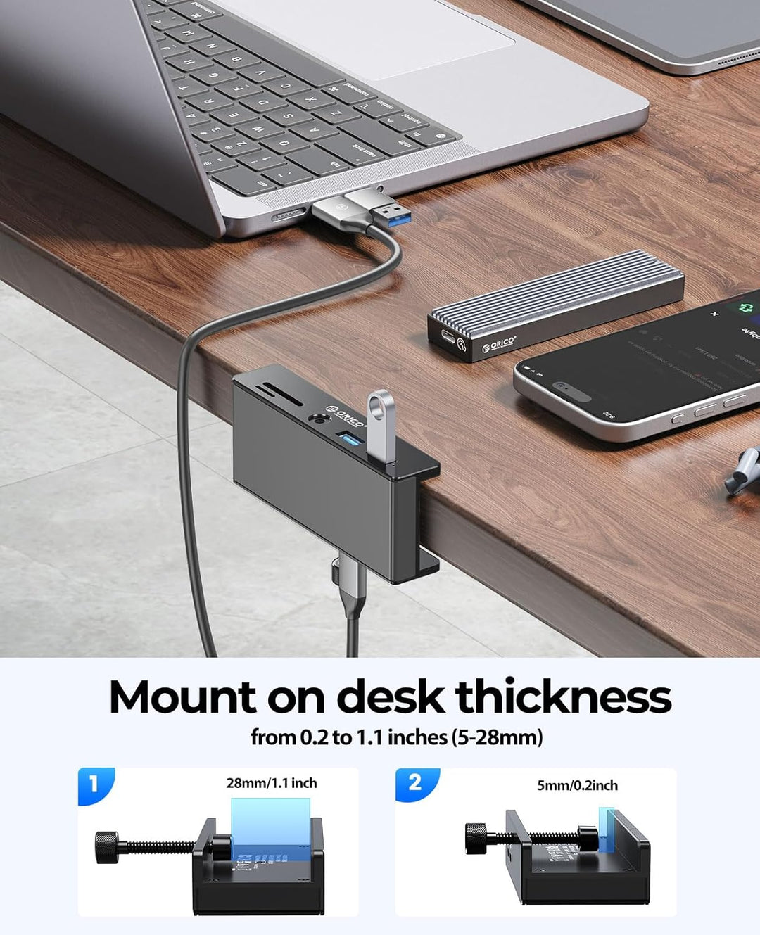 ORICO Clip-Typ USB Hub mit SD/TF Kartenleser, 5 in 1 USB Hub 3.0 mit 2 Typ A 3.0 Ports, 3.5 mm Audio