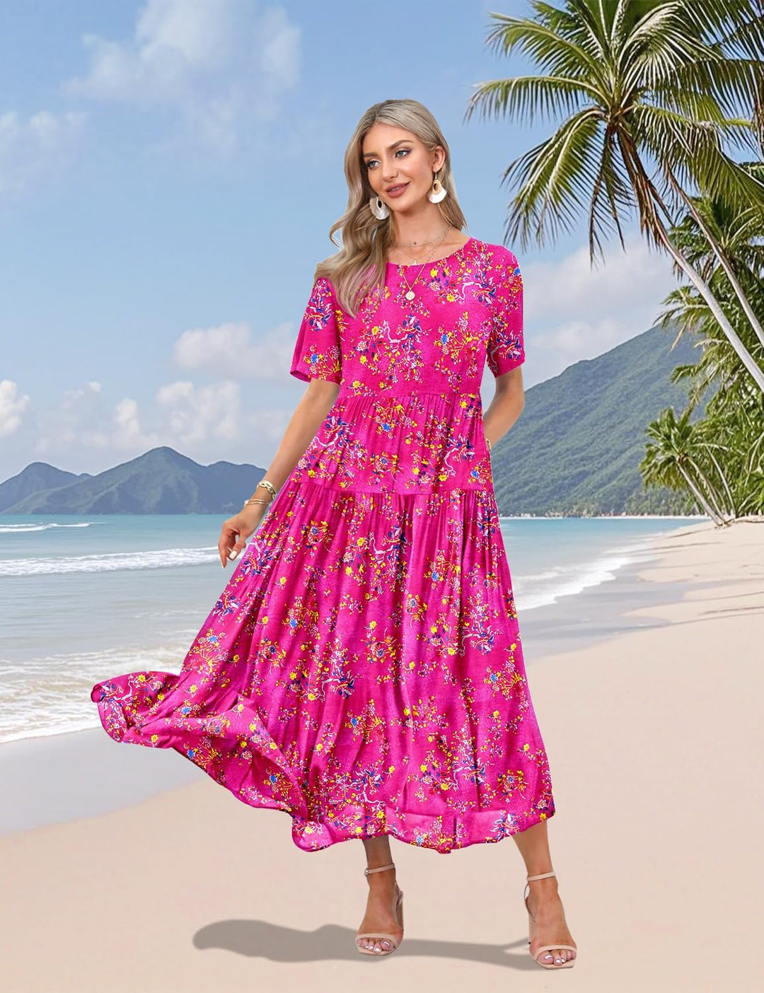 YESNO Damen Kleider Freizeit Lose Sommerkleid Lang Boho Maxikleid für Rundhals Strandkleid Blumenkle