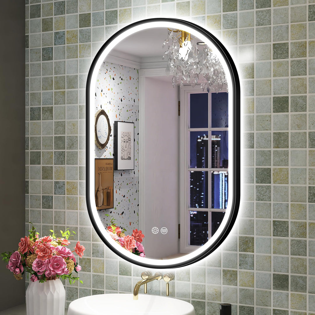 S'bagno Badspiegel mit Beleuchtung Oval 60x90cm, LED Badezimmerspiegel mit Aluminiumrahmen, Nebelfre