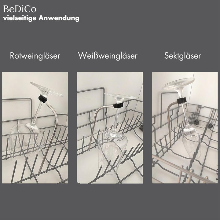BeDiCo I 4er-Set I Edelstahl Spülmaschinen Aufsteck-Weinglashalter I Schutz der Gläser vor Kippen, B