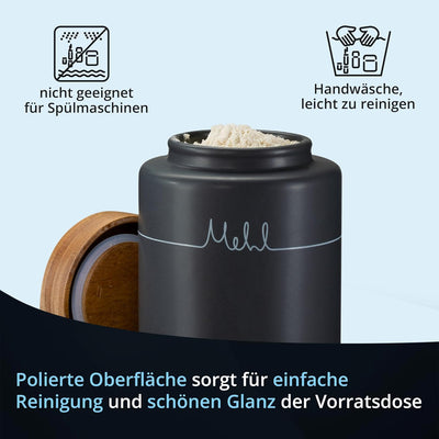 KHG Mehldose aus Keramik Steingut poliert in Anthrazit Grau mit Holz-Deckel für 500 ml Mehl, Vorrats